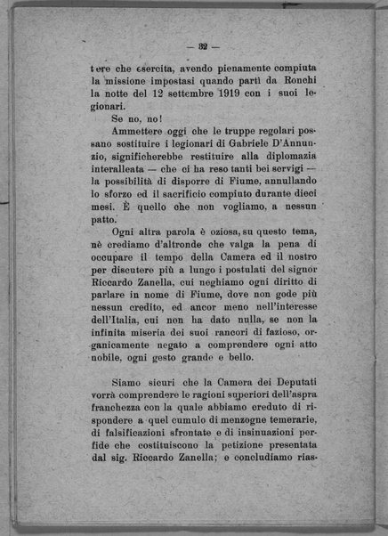 Pro-memoria in risposta alla petizione presentata dal sig. Riccardo Zanella contro il Comando ed il Consiglio nazionale di Fiume